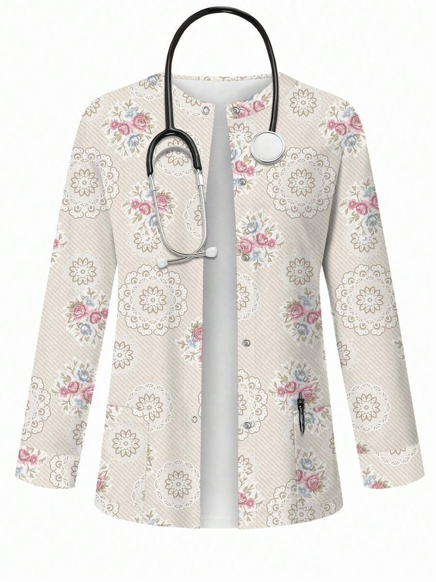 PopScrub Mandala & Rose Floral Print Scrub Jacket,Spring/Summer Fashion Cardigan For Nurse Uniform,Botanical Pattern Light Apricot Top,Maid,Work - Multicolor - View 1