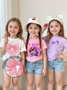 3pcs/Set Young Girls Casual K-POP Girl Group Bow Print Round Neck Short Sleeve White, Pink, Purple T-Shirts, Fashionable & Cute Girls Summer Tops With Bow & Letter Elements - Pink - View 3