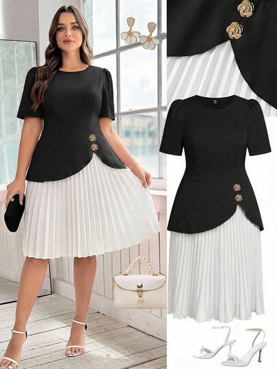 Ellevyn Plus Size Solid Color Asymmetrical Design Metal Buckle Decor Elegant Office Lady Pleated Dress Office Attire For Women Work Outfits For Women Work Tops For Women Carnival Costume Carnival Women Look 2026 Women Carnival Costume Carnival Outfit Carnival Costume For Women Women's Carnival Costume Summer Outfits For Women Summer Clothes Summer Vacation Outfits Summer Outfits For Woman Summer Clothes Women Elegant Dresses For Women Elegant Dress For Women Elegant Dresses For Party Elegant Dress Women High-Quality Dress Shirts Suitable For Various Occasions, Such As: Commuting To Work, Casual Wear At Home, Going For A Walk, Visiting Neighbors And Friends, And Shopping.