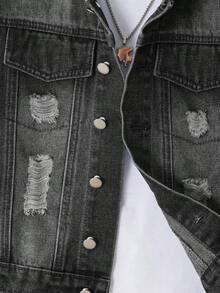 Conjunto de chaleco vaquero con capucha y pantalones cortos desgastados estilo cargo lavado para niño preadolescente - Negro - Ver 7