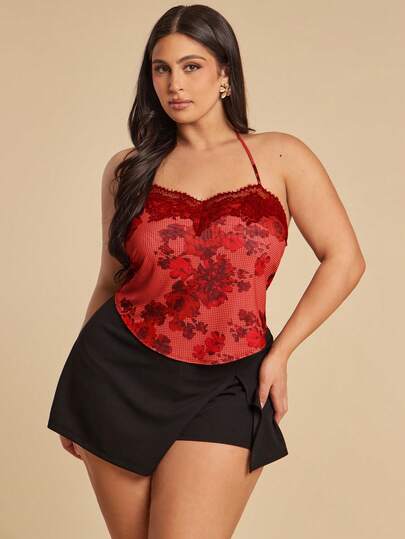 SHEIN BAE 大码女式印花蕾丝拼接性感百搭露背上衣