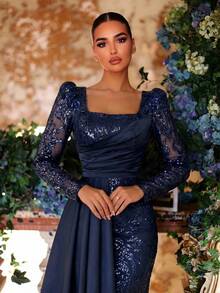 Aureia 优雅、浪漫、高贵、奢华的蓝色亮片缎面拼接褶皱装饰连衣裙，适合节日、度假、生日派对、婚礼、正式晚宴等场合。 - 藏蓝色 - 查看 6