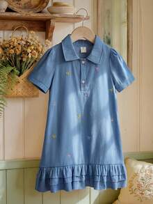 SHEIN Vintaside Kids 女童粉色 Polo 领彩虹印花荷叶边下摆休闲短袖连衣裙 - 藍色 - 查看 5