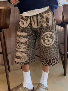 Manfinity Dauomo 男士豹纹铆钉抽绳腰带休闲百搭日常短裤 - 彩色 - 查看 1