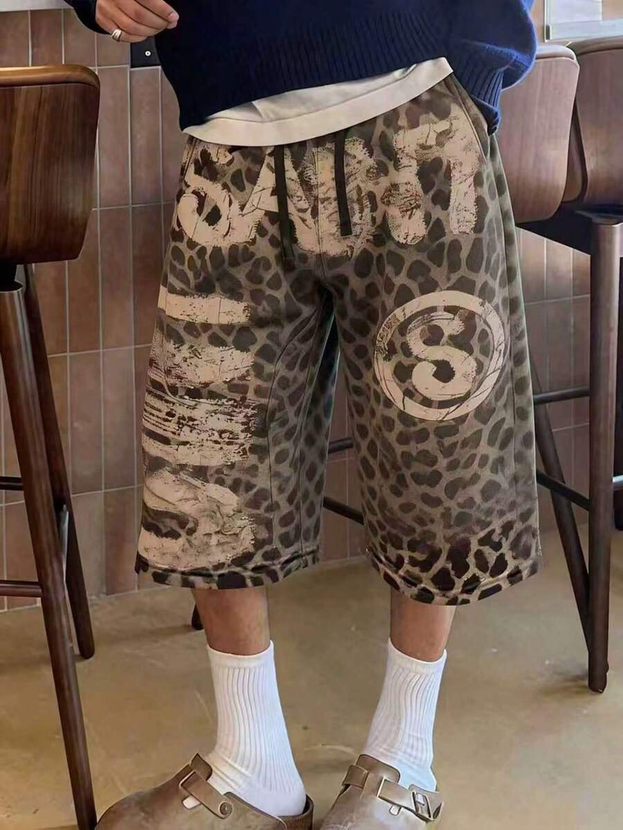 Manfinity Dauomo 男士豹纹铆钉抽绳腰带休闲百搭日常短裤 - 彩色 - 查看 1