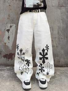 Manfinity EMRG Men's Contrast Color Print Casual Wide Leg Jeans - White - View 3