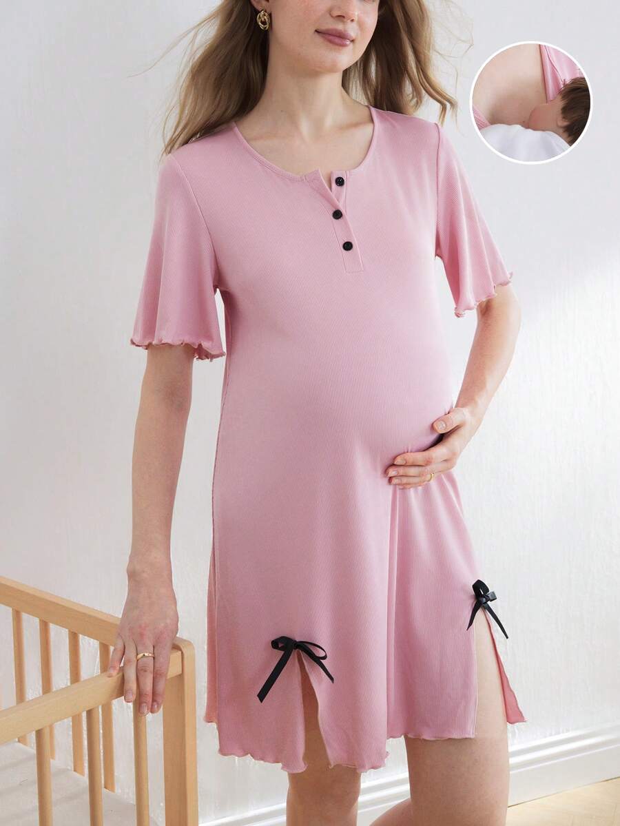 BloomMama Maternity Button Half Placket Bow Decor Slit Hem Nightgown - Pink - View 1