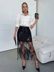 Lavishia 女士亮片拼接开衩设计休闲百搭约会之夜半身裙 - 黑色 - 查看 3