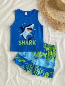 THE HAPPY LOOK 男童鲨鱼图案针织柔软圆领无袖上衣和松紧腰短裤两件套 - 藍色 - 查看 6