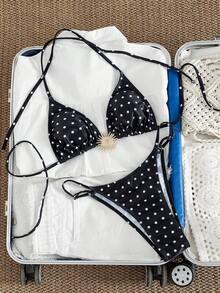 Swim SXY Bộ bikini 3 mảnh gợi cảm màu đen trắng chấm bi với phụ kiện kim loại, kiểu cổ yếm và hở lưng, thích hợp cho kỳ nghỉ hè. - Đen và trắng - Xem 7