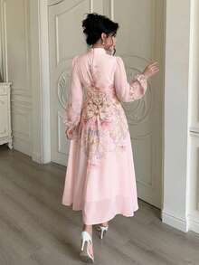 Modelyn Tie-Waist Ruched Placement Print Long Sleeve Dress For Women - Pink - View 2