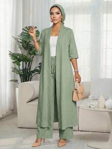 Auveirra Women's Elegant, Casual, Commuting, Vacation, Simple, Solid Color Long Cardigan Jacket And Loose-Fitting Straight-Leg Trousers Two Pieces Set Four - Green - View 7