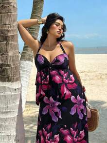 Sunnyshic Spring/Summer Fashion Vacation Elegant Floral Print Elastic Knit Halter Neck Tie Camisole Paired With A-Line Umbrella Maxi Skirt Sexy 2 Pieces Outfit, Backless Beach Women Outfits - Multicolor - View 4