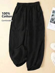 Plus Size Solid Color Front Tie Pocket Simple Casual Pants, Daily Casual Wear - Black - View 1