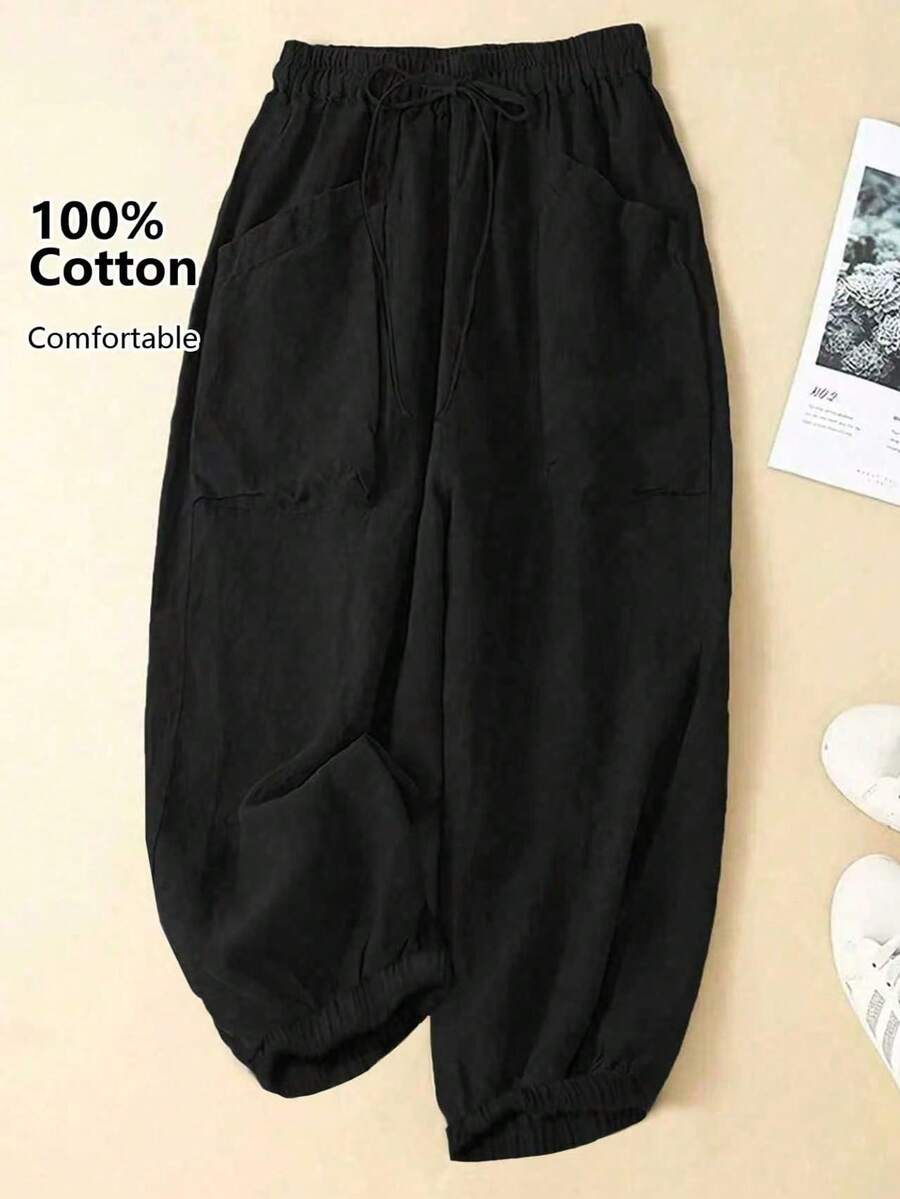 Plus Size Solid Color Front Tie Pocket Simple Casual Pants, Daily Casual Wear - Black - View 1