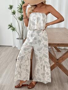 SHEIN Holidaya Bộ jumpsuit nữ dáng suông, không dây vai, họa tiết hoa paisley, bèo nhún, ống rộng, thích hợp cho kỳ nghỉ hè. - Màu be - Xem 6