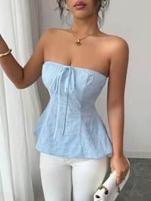 SHEIN Elenzya Top de mujer con escote bandeau, cintura con lazo y silueta evasé, de tela texturizada, para primavera/verano - Celeste - Ver 10