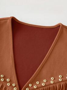 EMERY ROSE Women's Suede Fringe Rivet Decor Boho Casual Jacket,Shades Of Brown,Autumn,Country Western,Concert,Chic Sleeveless Beige Early Spring & Summer Vest - Rust Brown - View 8