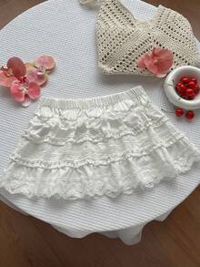 SHEIN Unity Minifalda de encaje con volantes y parches, estilo dulce y versátil para el verano, faldas de encaje para mujeres - Blanco - Ver 2