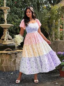 Lyrianda 大码方领荷叶袖碎花撞色褶皱优雅复古可爱休闲中长连衣裙，适合女性，适合度假、派对、休闲等场合。 - 彩色 - 查看 3