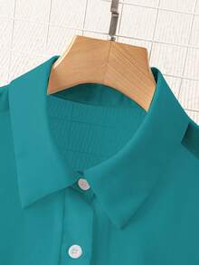 Franclia Turndown Collar Basic Transparent Solid Minimalist Shirt - Teal Blue - View 4
