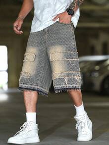 Manfinity EMRG 加大码男士复古拼接阔腿牛仔短裤 - 黃色 - 查看 7