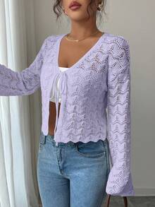 Elenzga Women's Elegant Tie-Front Hollow Out Cardigan - Mauve Purple - View 5