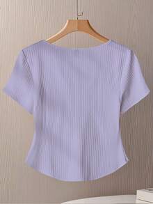 GlowEve CURVE Plus Size Ribbed Knit Elegant Intellectual Casual Comfortable Soft Fitted Short V-Neck T-Shirt - Dusty Purple - View 2