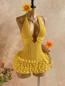 Soleia Đầm ngắn màu trắng cổ yếm cho nữ, thích hợp cho kỳ nghỉ. - Màu vàng - Xem 6