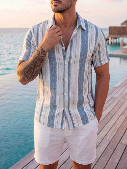 VIVINTIMO 男士夏季沙滩度假风撞色条纹印花短袖衬衫男沙滩衬衫条纹沙滩衬衫男男士条纹衬衫男夏季衬衫男士休闲短袖衬衫蓝白男衬衫蓝白条纹衬衫