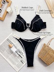 Swim SXY Conjunto sexy de bikini con flecos para vacaciones en la playa de mujer, sin relleno pero con aro de soporte - Negro - Ver 4