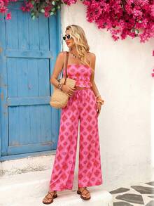 Vivid Eden Bohemian Style Printed Strapless Top And Wide Leg Pants 2 Pieces Set, Casual Vacation Outfit For Spring/Summer - Pink - View 9