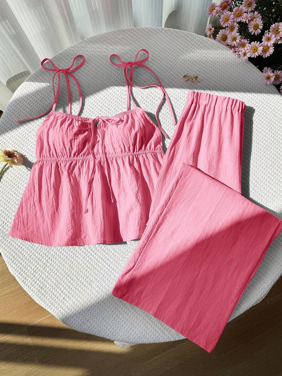 Comfortcana Woven Pink Linen Solid Color Camisole And Pants Set - Pink - View 1