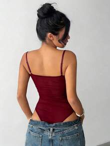 Aloruh Women's Lace & Mesh Patchwork Sexy Bodysuit - Burgundy - View 2
