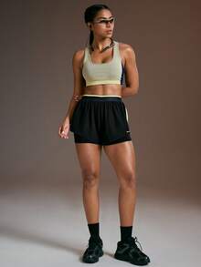 Powerista Women's Casual Elastic Waist Sports Shorts With Contrast Trim, Summer - Black - View 3