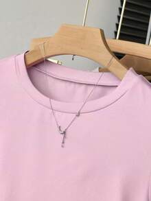 Resyla Bộ 3 áo nữ cỡ lớn mùa hè mới, thiết kế ôm eo, màu hồng, xanh lá cây nhạt, đen, phong cách thể thao thường ngày, mùa tựu trường, áo thun nữ ôm eo. - Hồng - Xem 5