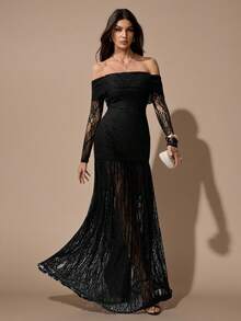 SHEIN Tall 黑色蕾丝露肩长袖连衣裙，性感优雅，适合正式场合、鸡尾酒会、浪漫约会、秋冬季叠穿、派对、夜店、婚礼、万圣节、圣诞节等场合。露肩正式礼服，婚礼宾客礼服，女士黑色蕾丝长袖连衣裙，优雅女士连衣裙，黑色连衣裙 - 黑色 - 查看 6