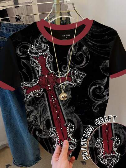 INAWLY Camiseta de manga corta de uso diario versátil y casual con cuello redondo y estampado cruzado en bloques de color para mujer