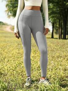 SHEIN In My Nature 女士高腰拼接口袋户外紧身裤 女士运动紧身裤 弹力裤 - 淺灰色 - 查看 5