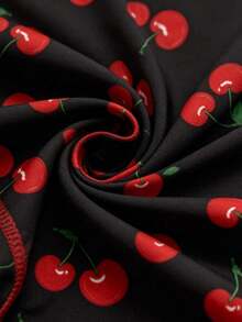 Soleia Retro Casual Red & Black Contrast Cherry Allover Print Women's Swimsuit Set, Suitable For Spring/Summer, Vacation, Island - Multicolor - View 8