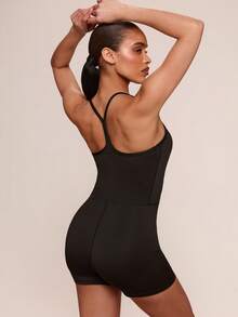 SHEIN BAE Solid Color Racerback Fitted Romper - Black - View 5