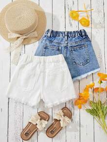 SHEIN 2pcs Young Girl Pocketed Button Distressed Frayed Hem Casual Versatile Daily Wear Denim Shorts - Multicolor - View 2