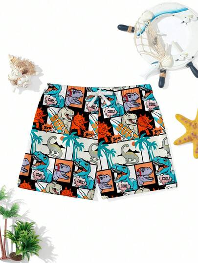 SHEIN Young Boy Casual Loose Swim Trunks, Classic Palm Tree & Dinosaur Print, Suitable For Summer, Surfing, Vacation