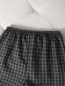 Set Of 2 Pieces Casual Plaid Short Sleeve Shorts Set For Boys,Grey,Summer,Family Matching,Embroidered Play Pattern,Loose Loungewear Soft Fabric - Grey - View 6