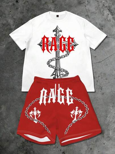 Manfinity LEGND 男士十字印花圆领短袖T恤+休闲运动套装