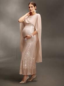 Cheriluna Maternity Sleeveless Round Neck Chiffon Shawl Fitted Sequin Maxi Dress With Double-Layer Fishtail Hem Design For Maternity Photography - Champagne - View 5