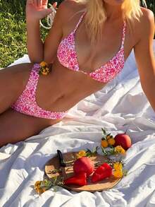 Swim Mod Bộ bikini hai mảnh họa tiết hoa nhí, kiểu dáng giản dị, in ngẫu nhiên, trang phục đi biển mùa hè chủ đề Lễ hội mùa thu hoạch cho nữ, bộ bikini mùa hè cho nữ, giá một giá, đồ bơi cho nữ, đồ bơi nâng ngực cho nữ, bộ bikini và đồ bơi. - Màu Hồng Tươi - Xem 7