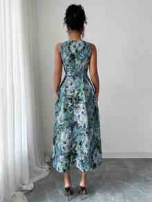 Vestido elegante de longitud media con cuello redondo sin mangas, plisado y estampado floral jacquard para mujer - Multicolor 3 - Ver 2