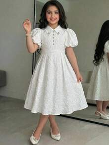 SHEIN Vestido casual y elegante para niñas preadolescentes de primavera/verano con estampado floral de jacquard, decoración de moño, cuello con strass, falda acampanada y mangas abullonadas, color blanco, adecuado para el Día de San Valentín, bodas y fiestas - Blanco - Ver 8