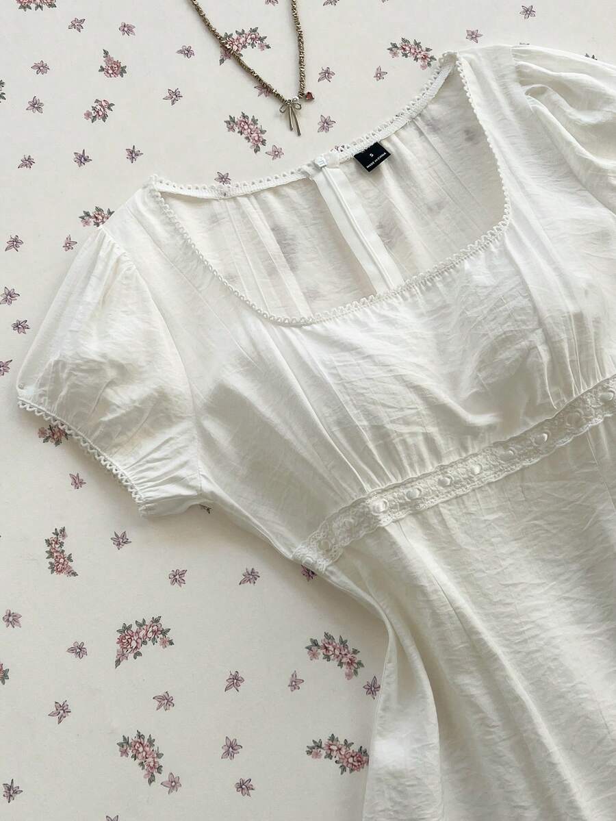 Elamini 女士简约花卉边饰方领白色度假连衣裙 - 白色 - 查看 1